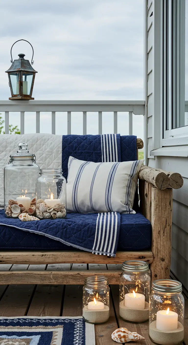 A rustic bench on a porch with a navy quilt, striped pillow, and candle jars with sand.