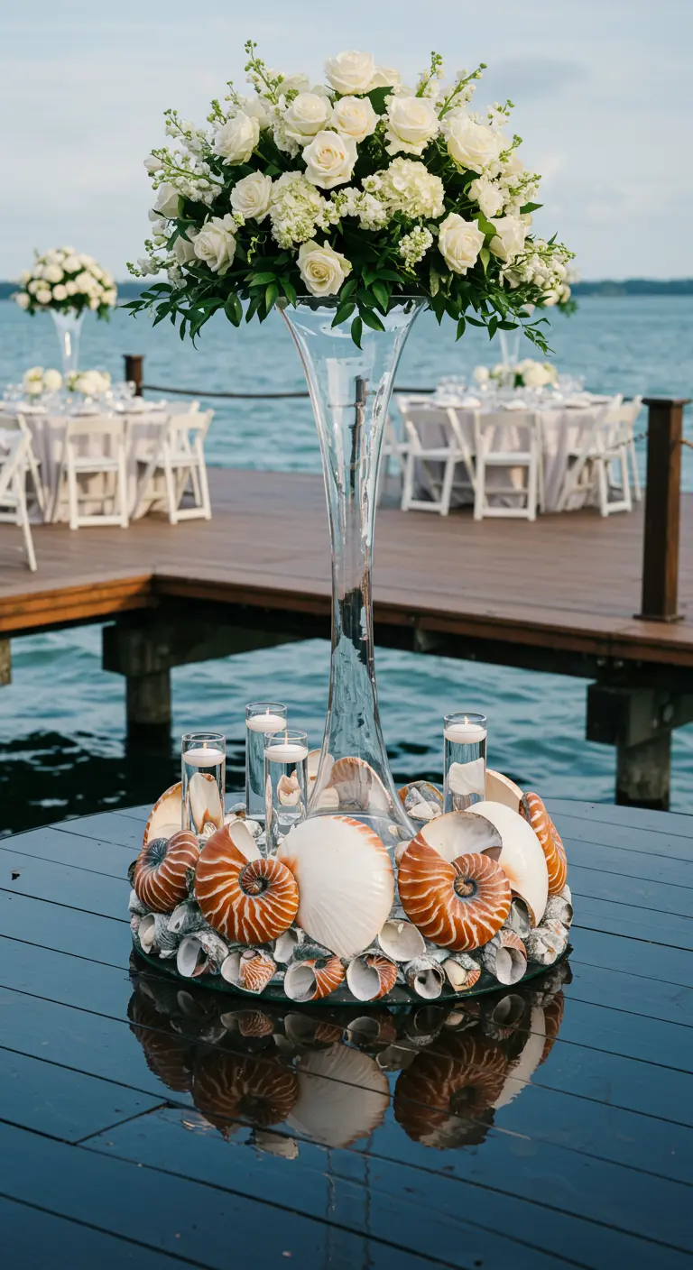 Tall floral centerpiece with white roses, surrounded by a ring of nautilus shells.