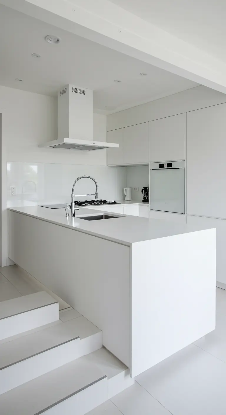 A minimalist white kitchen island on a split level, with white stairs leading down.