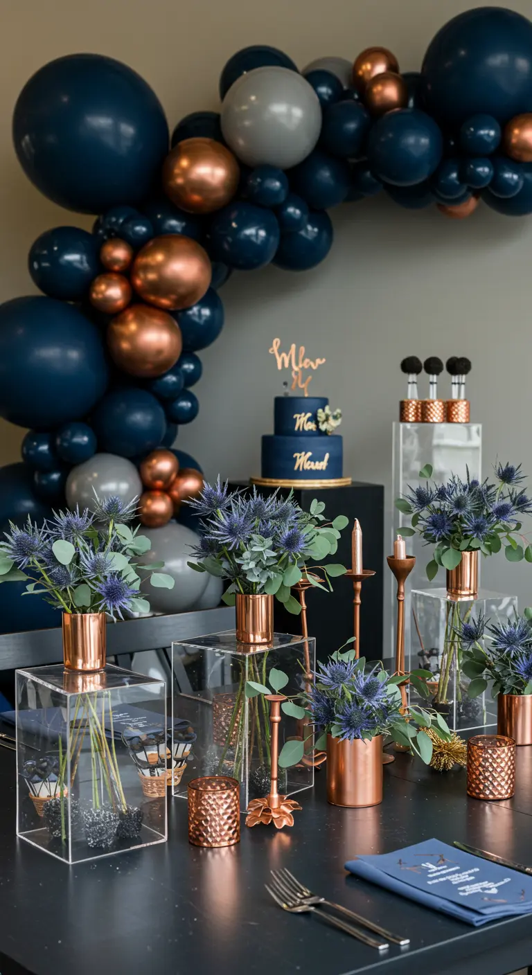 Navy and copper balloon decor with matching copper vases and blue thistle flowers.