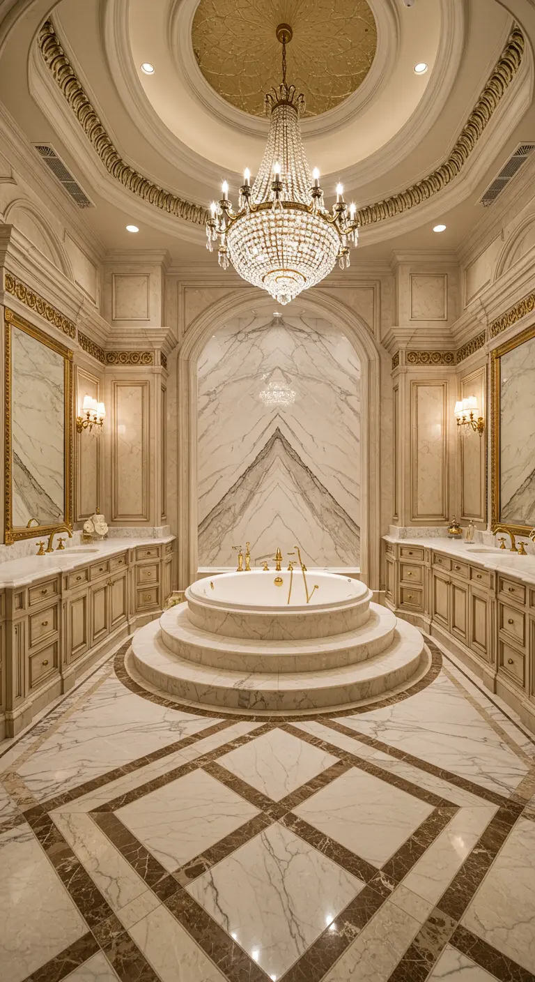 Grand neoclassical bathroom with a central elevated tub, crystal chandelier, and marble.