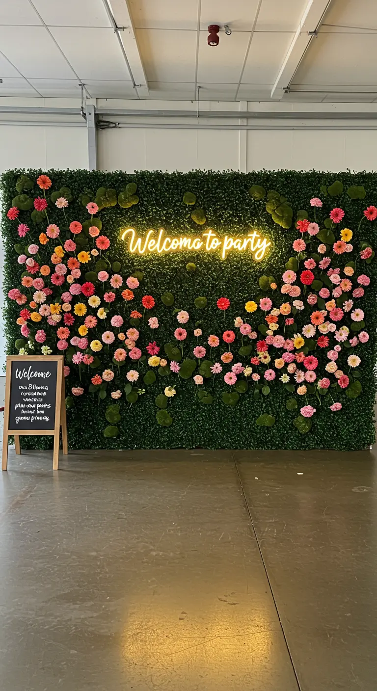 A boxwood wall with a neon 