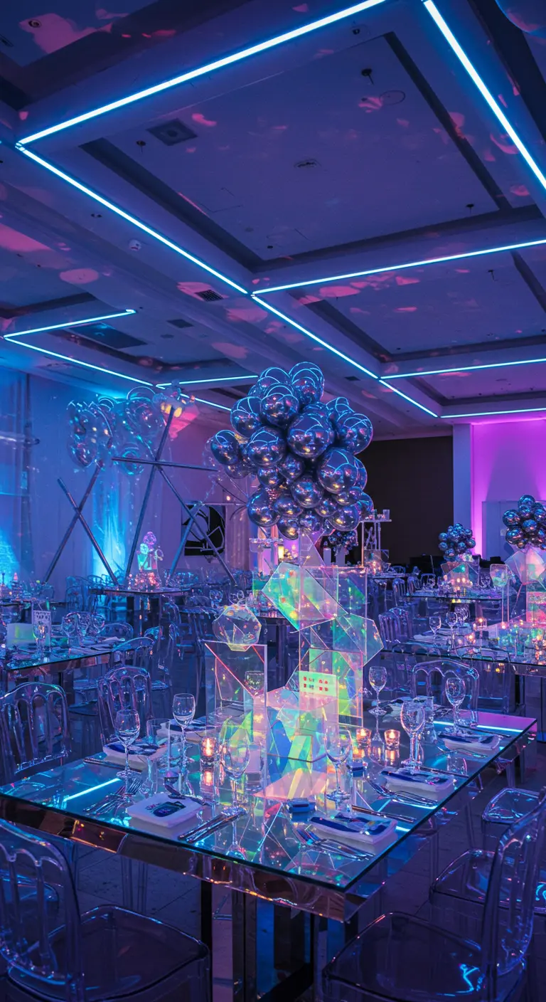 Futuristic party with chrome balloons, neon lights, and iridescent acrylic decor.