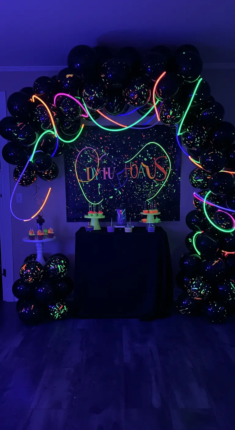 A black balloon arch decorated with colorful neon glow sticks under a blacklight.