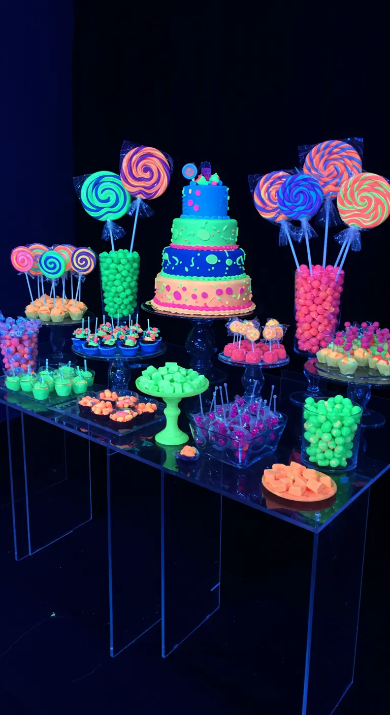 Glow-in-the-dark candy table with neon cake and glowing lollipops in a dark room.