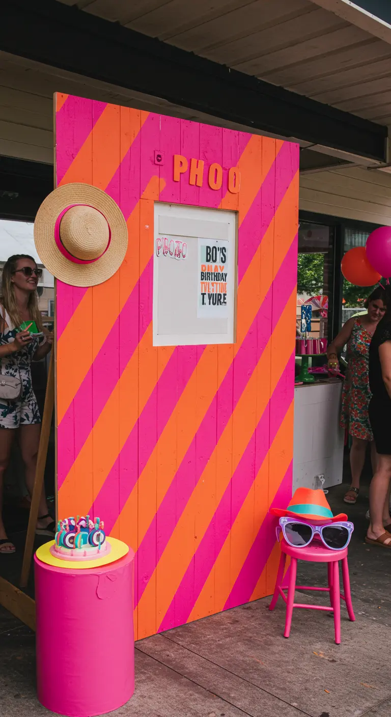 A vibrant pink and orange striped DIY photo booth with guests taking pictures.