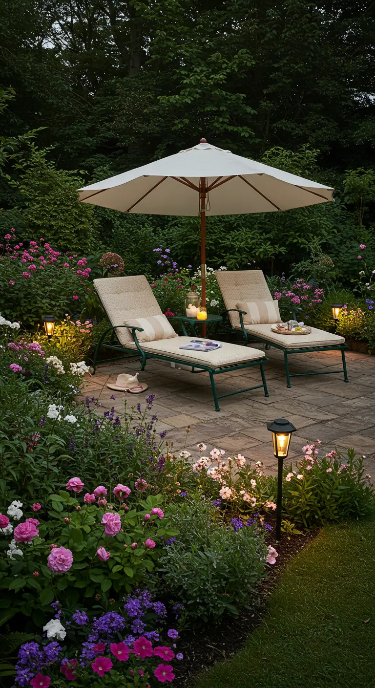 Two classic sunbeds on a stone patio surrounded by lush, blooming cottage garden flowers.