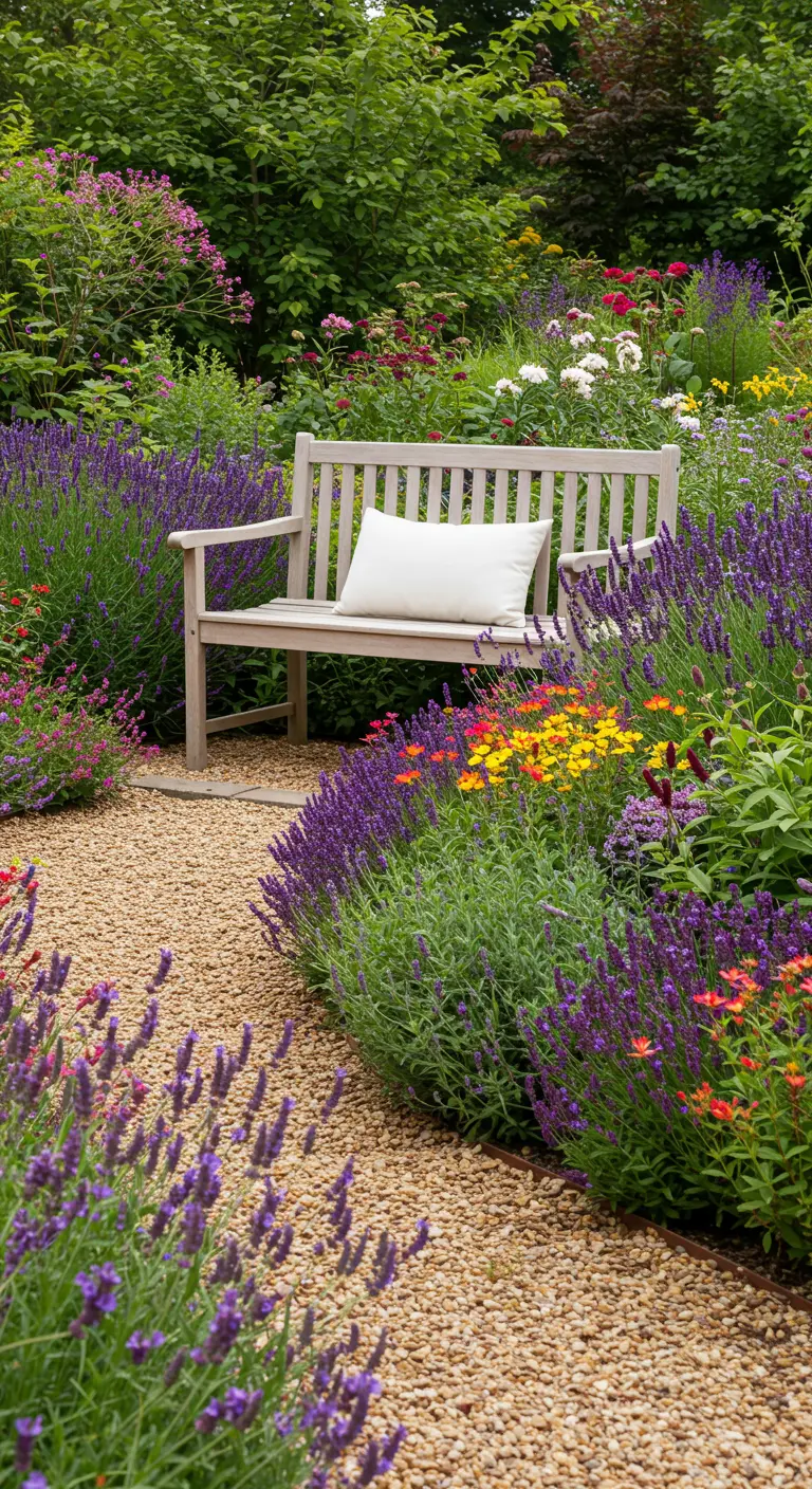 A light wood bench with a white pillow surrounded by blooming purple lavender and other flowers.