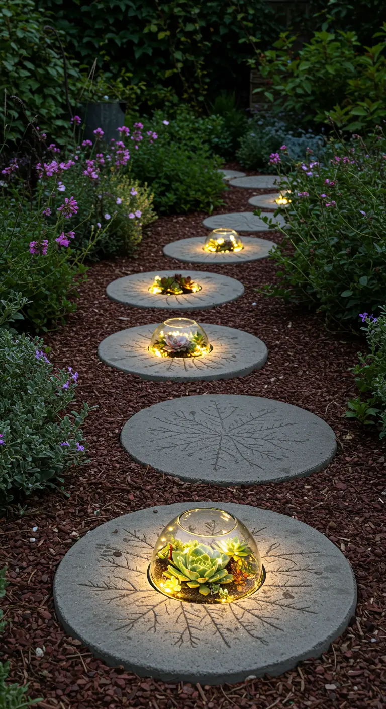 A winding path at night, with succulents under glass domes illuminated by fairy lights.