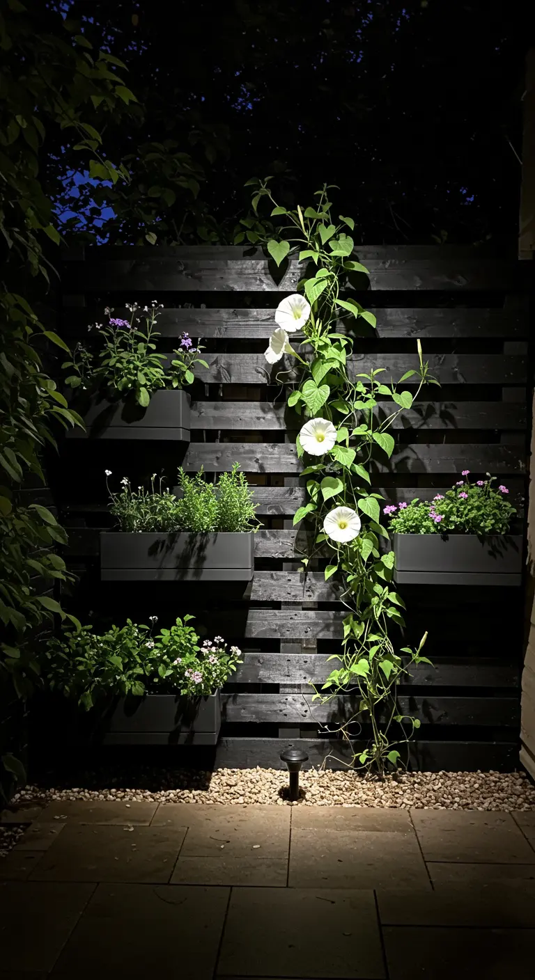 A black pallet screen at night, illuminated by a spotlight, with a climbing moonflower vine showing white blooms.