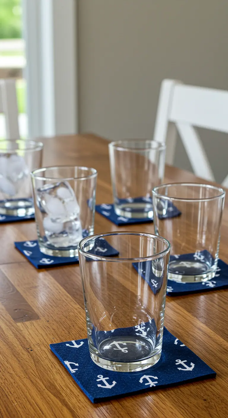 Square navy blue felt coasters with a white anchor pattern on a wooden table.