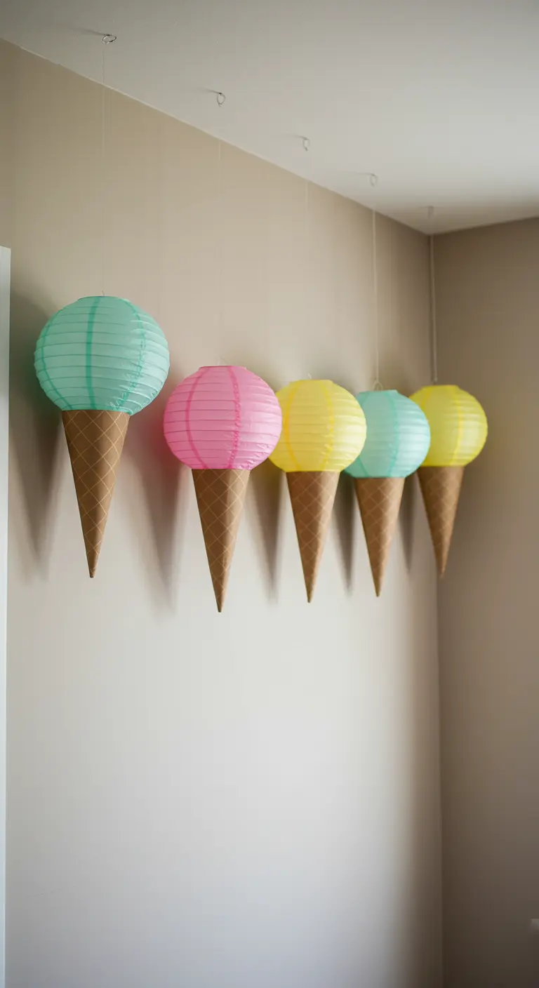 Hanging paper lanterns decorated to look like pastel ice cream cones.