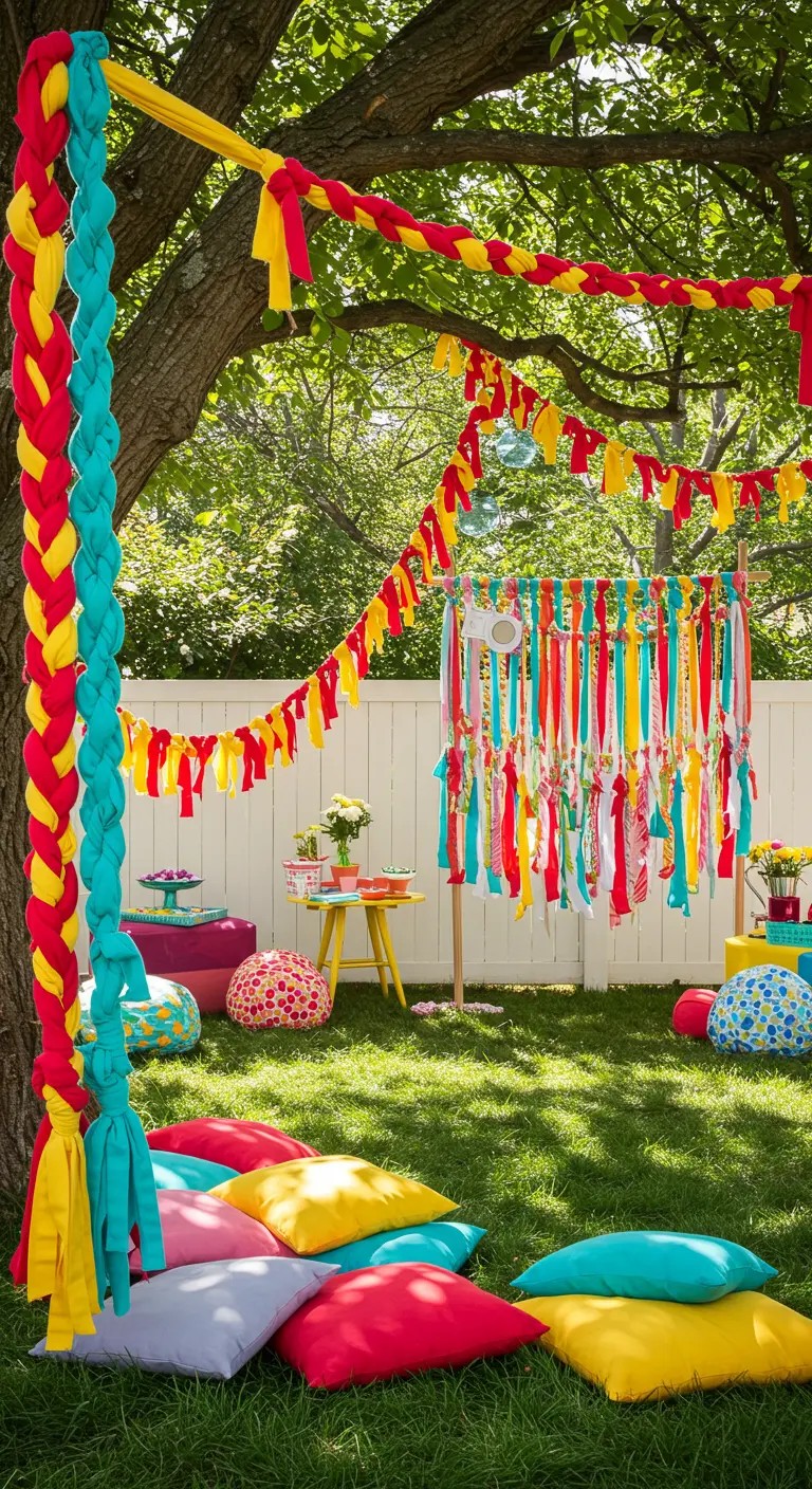 Colorful garlands and a backdrop made from braided fabric strips in a sunny backyard.