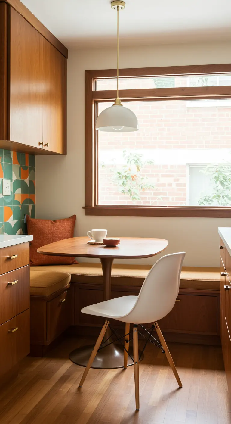 Mid-century modern kitchen nook with walnut cabinets and colorful tile.