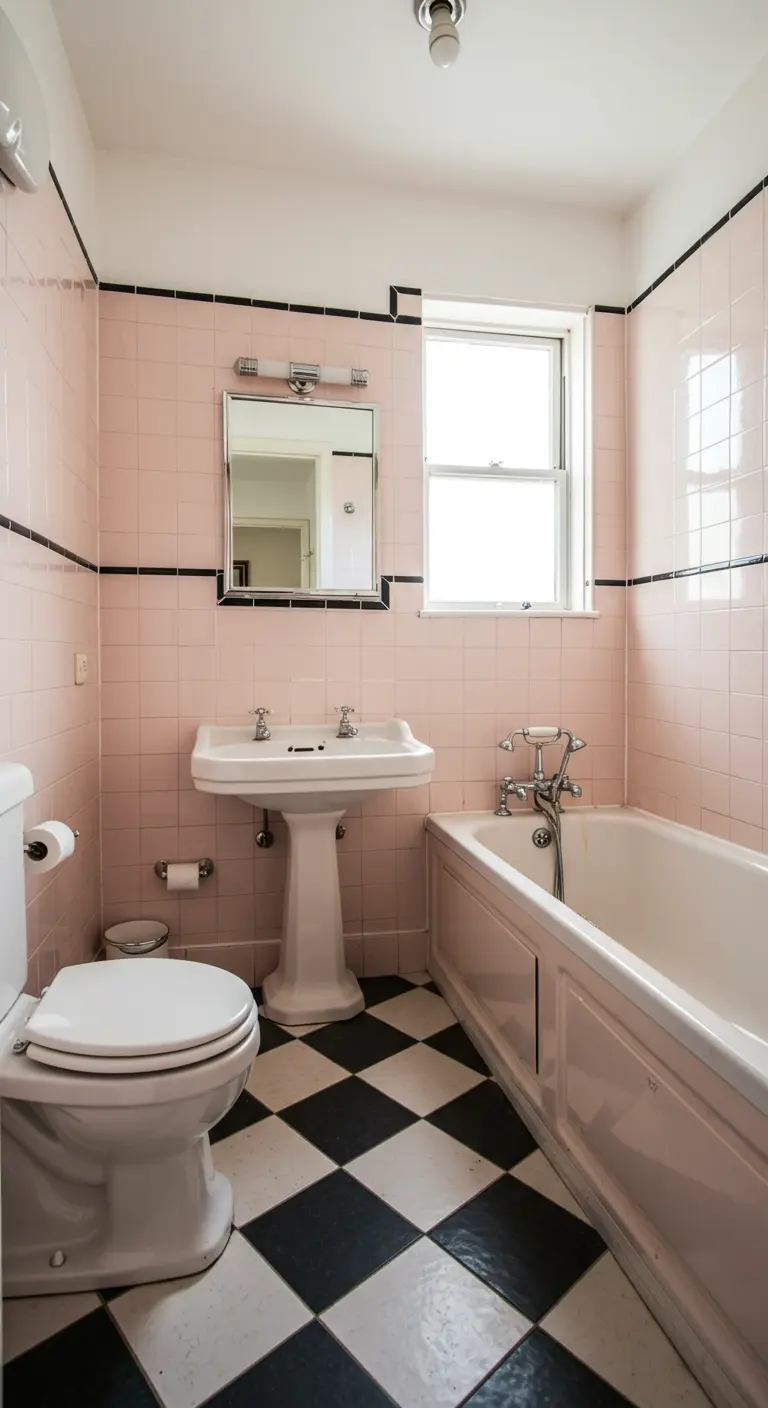 Retro bathroom with pink wall tiles, black trim, and a checkerboard floor.