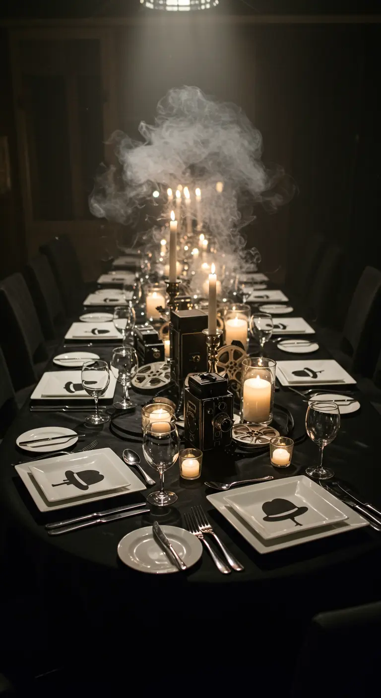 A dark, moody tablescape with smoke, candles, and vintage camera decor.