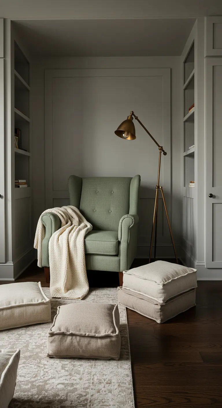 Cozy reading nook with a green wingback armchair, a white throw, and neutral square floor cushions.