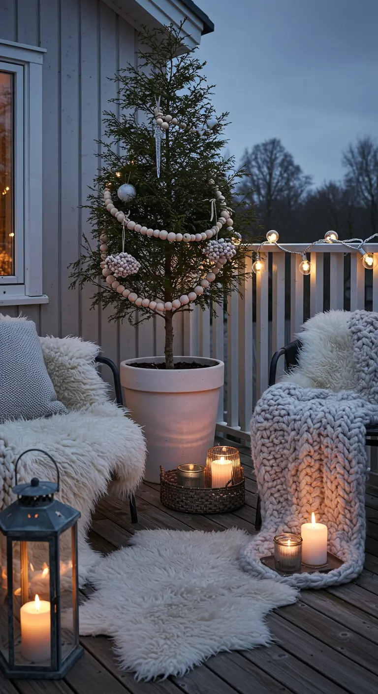 A cozy, candlelit balcony with sheepskin rugs, a small tree, and warm blankets.