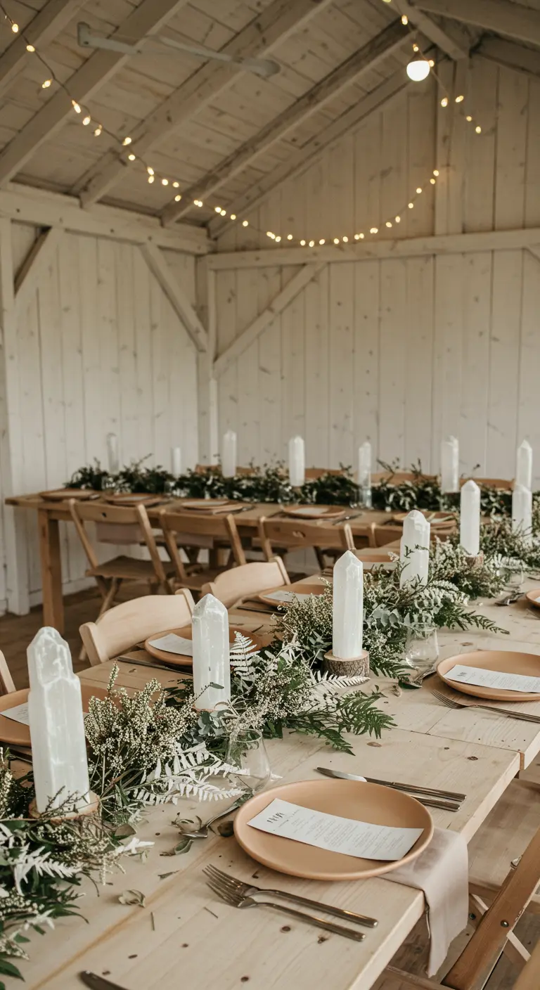Long wooden table in a white barn with a fern garland and glowing selenite crystal towers.