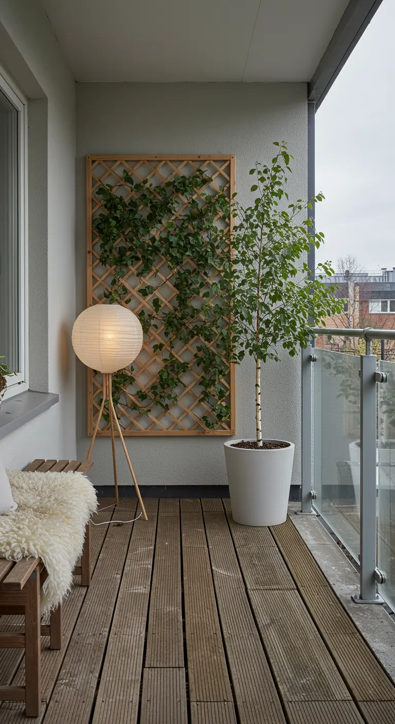 Scandinavian-style balcony with a light wood trellis, a birch tree, and a cozy sheepskin throw.