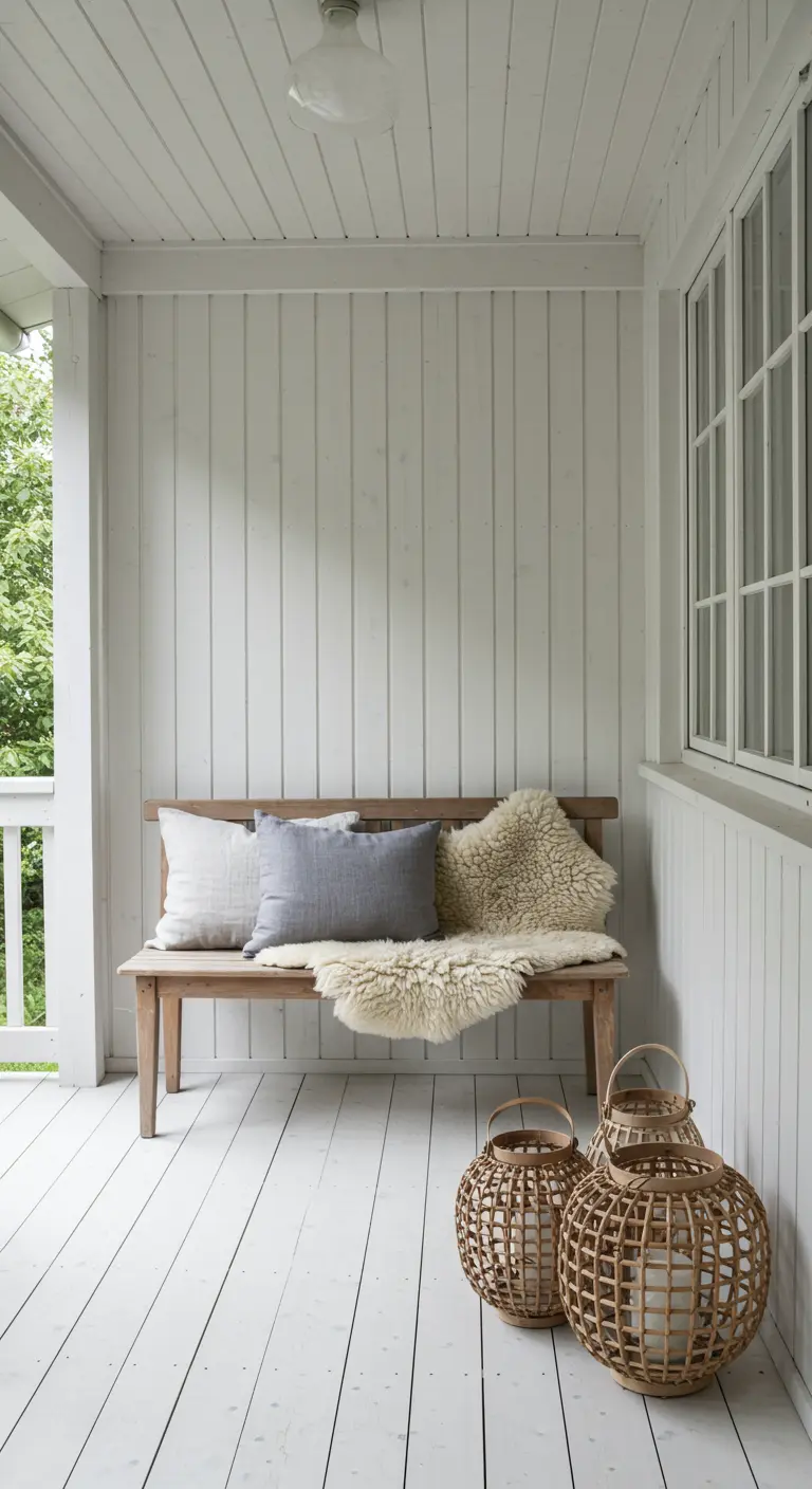 A wooden bench on a white porch with sheepskin throws, pillows, and wicker lanterns.