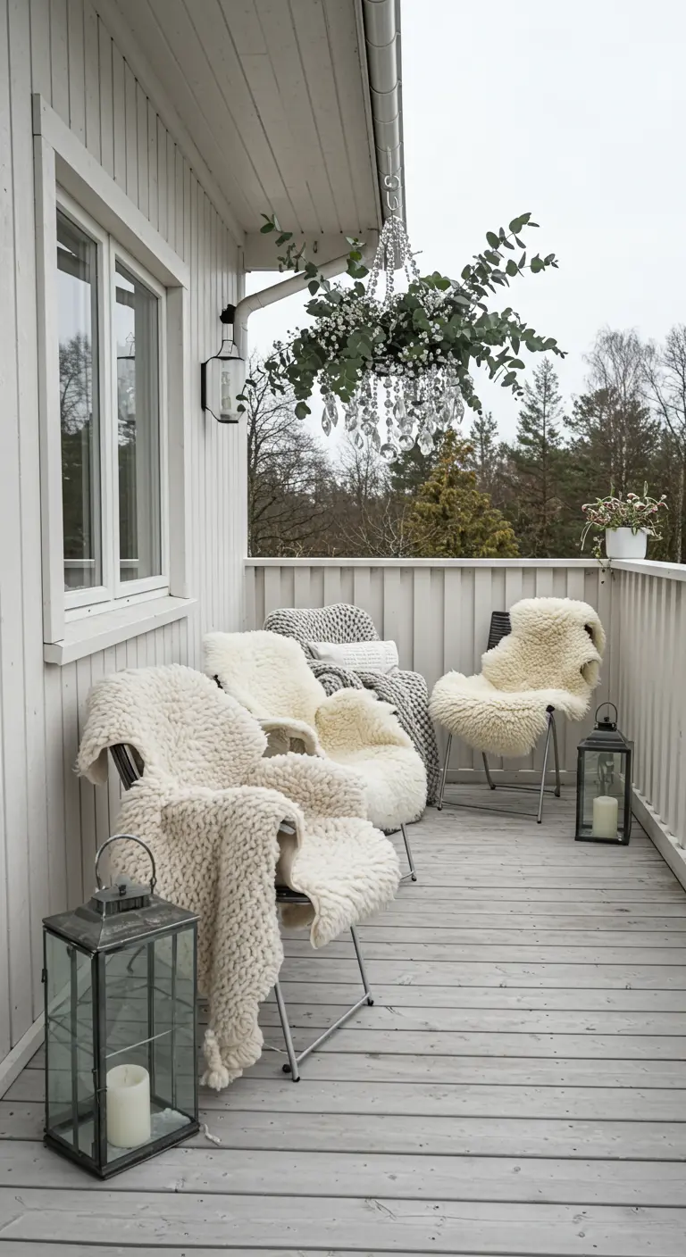 A minimalist crystal chandelier with eucalyptus on a white Scandinavian-style balcony.