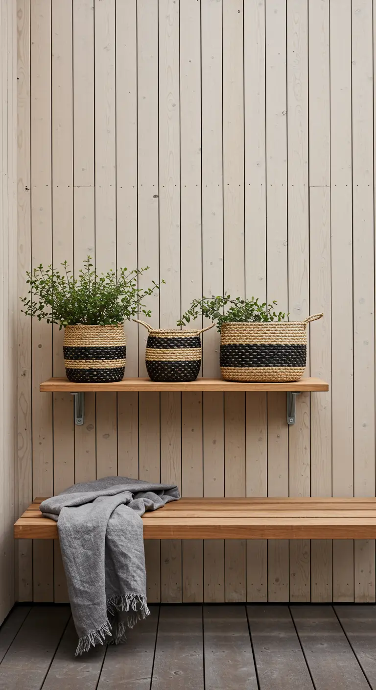 A single teak shelf on a light wood wall with three black-and-tan striped baskets.