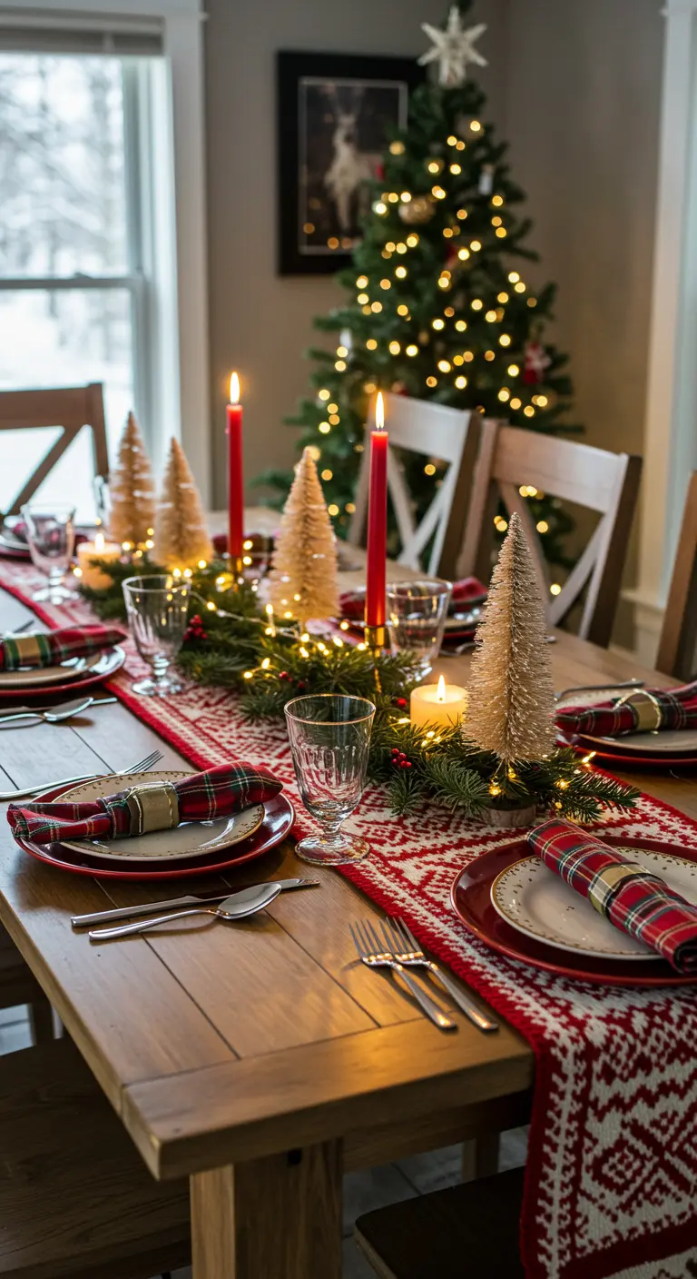 Festive table with a red-and-white Nordic-print runner and bottlebrush trees.