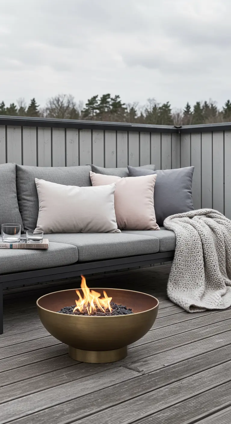 A grey outdoor sofa with pink and grey pillows, facing a modern brass fire pit on a wooden deck.