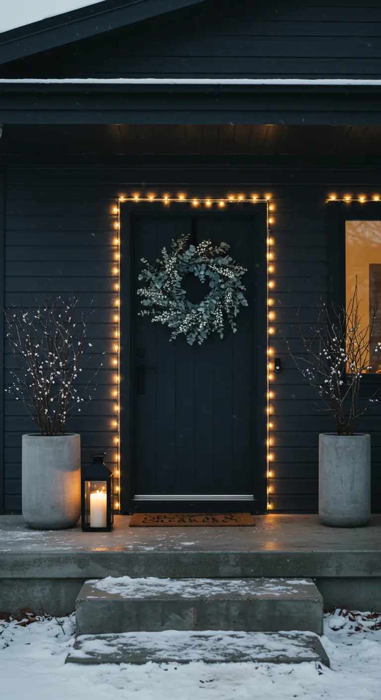 Modern black house with a door outlined in lights, a eucalyptus wreath, and planters with white branches.
