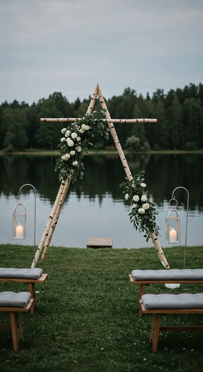 A simple A-frame birch wood arch by a lake with white roses and lanterns on stands.
