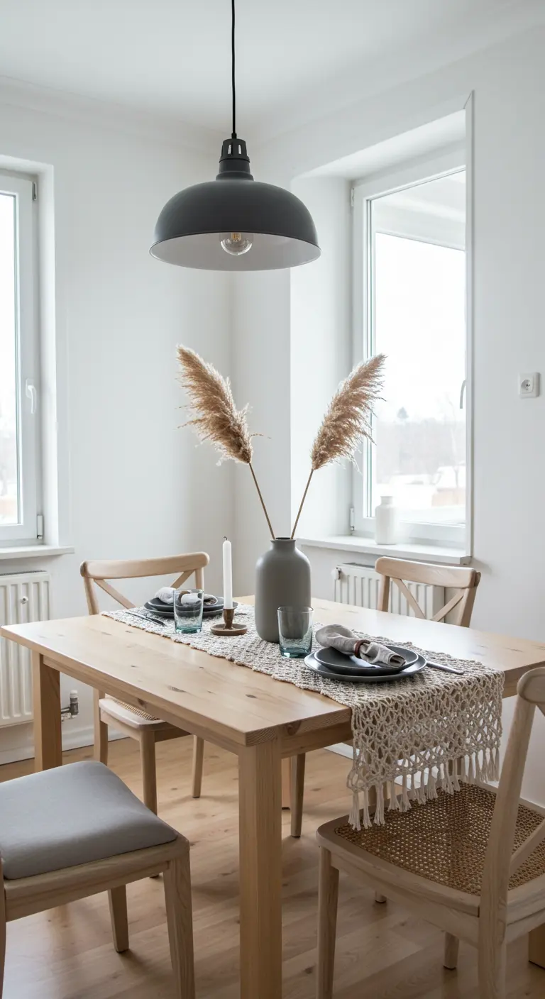 Minimalist Nordic dining table with a simple macramé runner and pampas grass centerpiece.