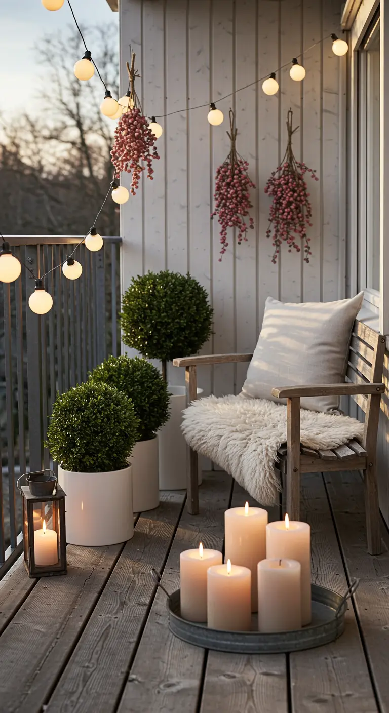 Scandinavian style balcony with boxwood spheres, sheepskin throw, globe lights, and candles.
