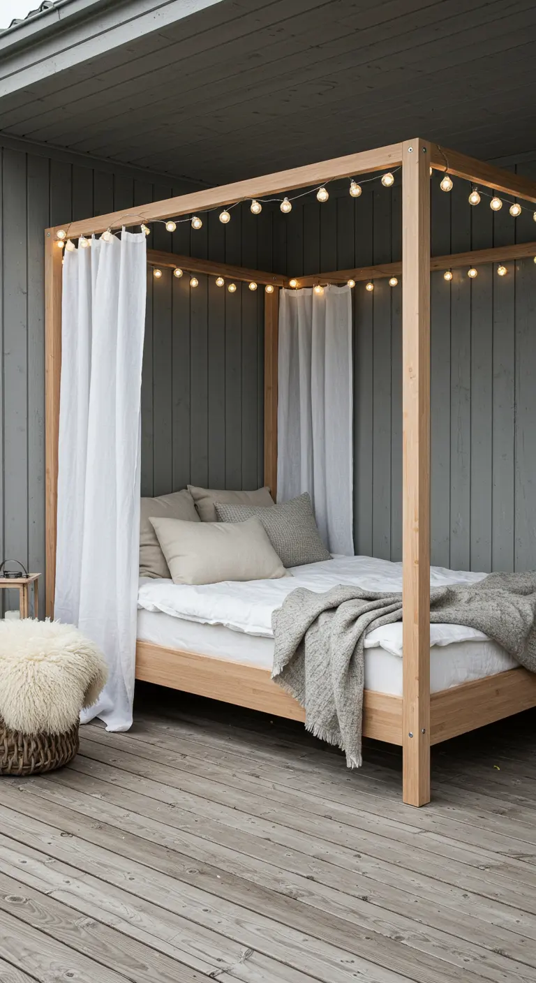 Scandinavian-style canopy bed with neutral bedding and a faux sheepskin accent.