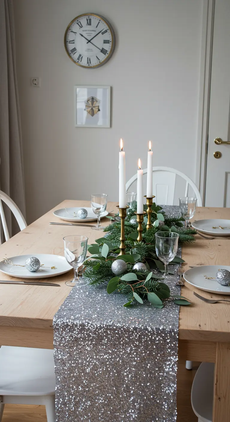 A minimalist Scandinavian table with a silver sequin runner, eucalyptus, and white candles.