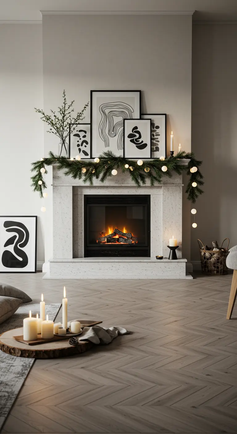 Modern marble fireplace with a pine garland, globe lights, and abstract art.