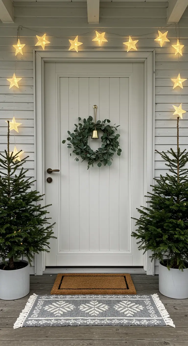 White door with a simple eucalyptus wreath, star lights, and a Nordic-style rug.