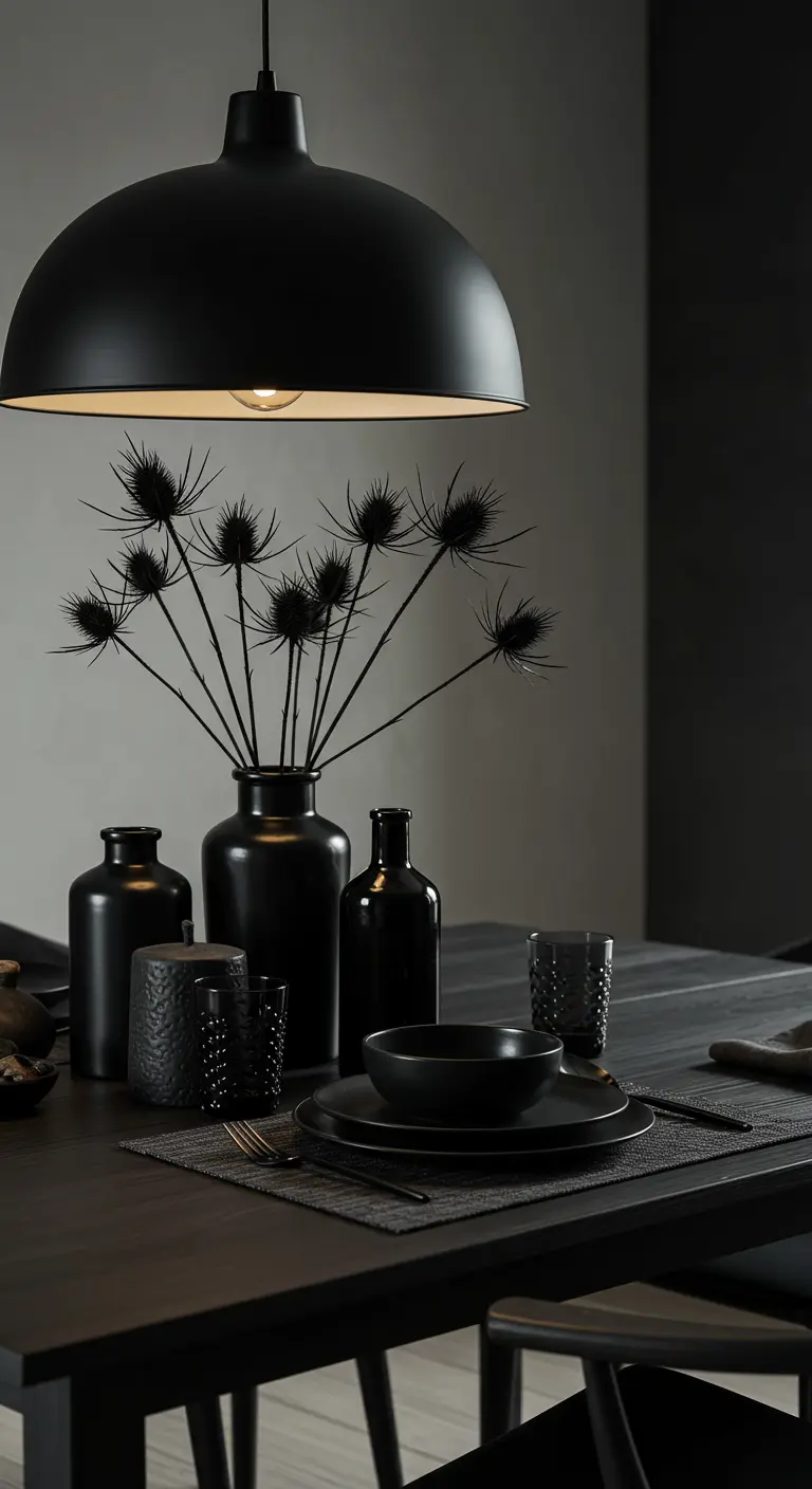 A matte black dining set with black vases holding dried thistles under a dome pendant.