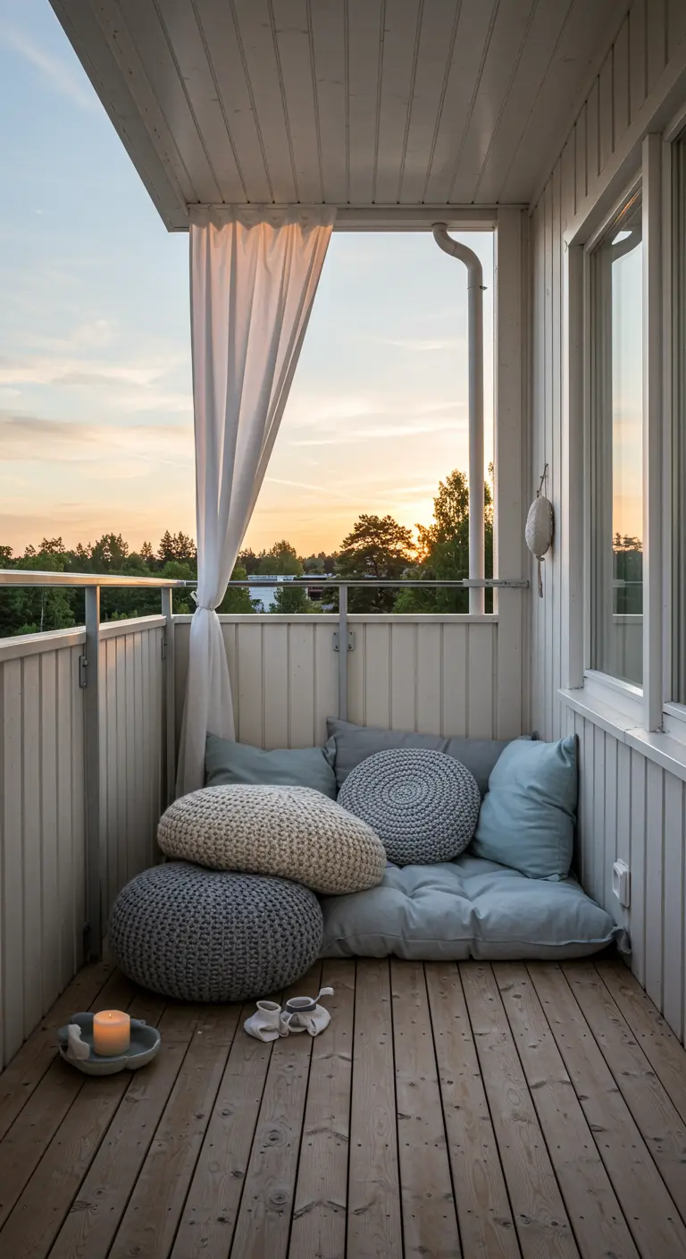 Cozy Scandinavian balcony with grey knit poufs and a single white curtain.