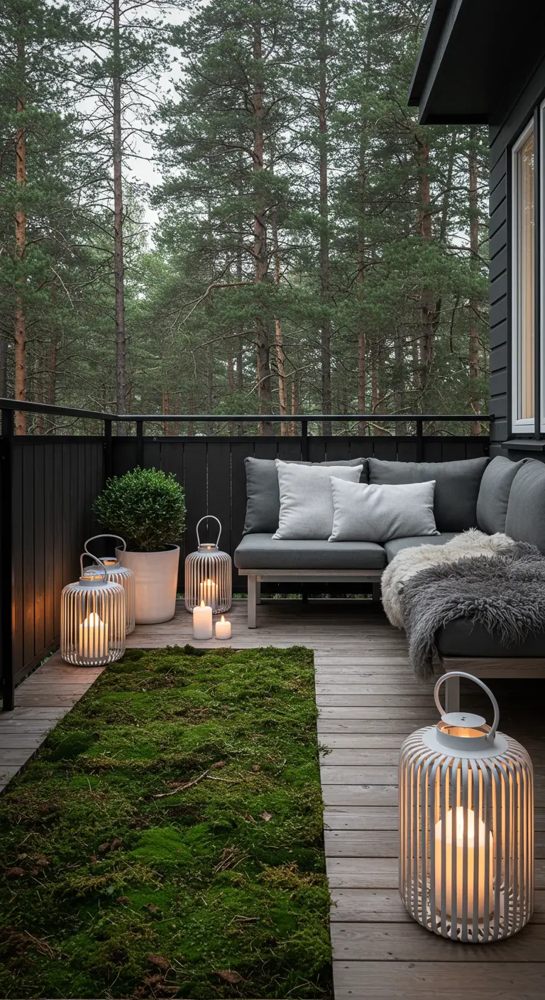 A modern Scandinavian balcony with white lanterns, a moss rug, and a sheepskin throw.