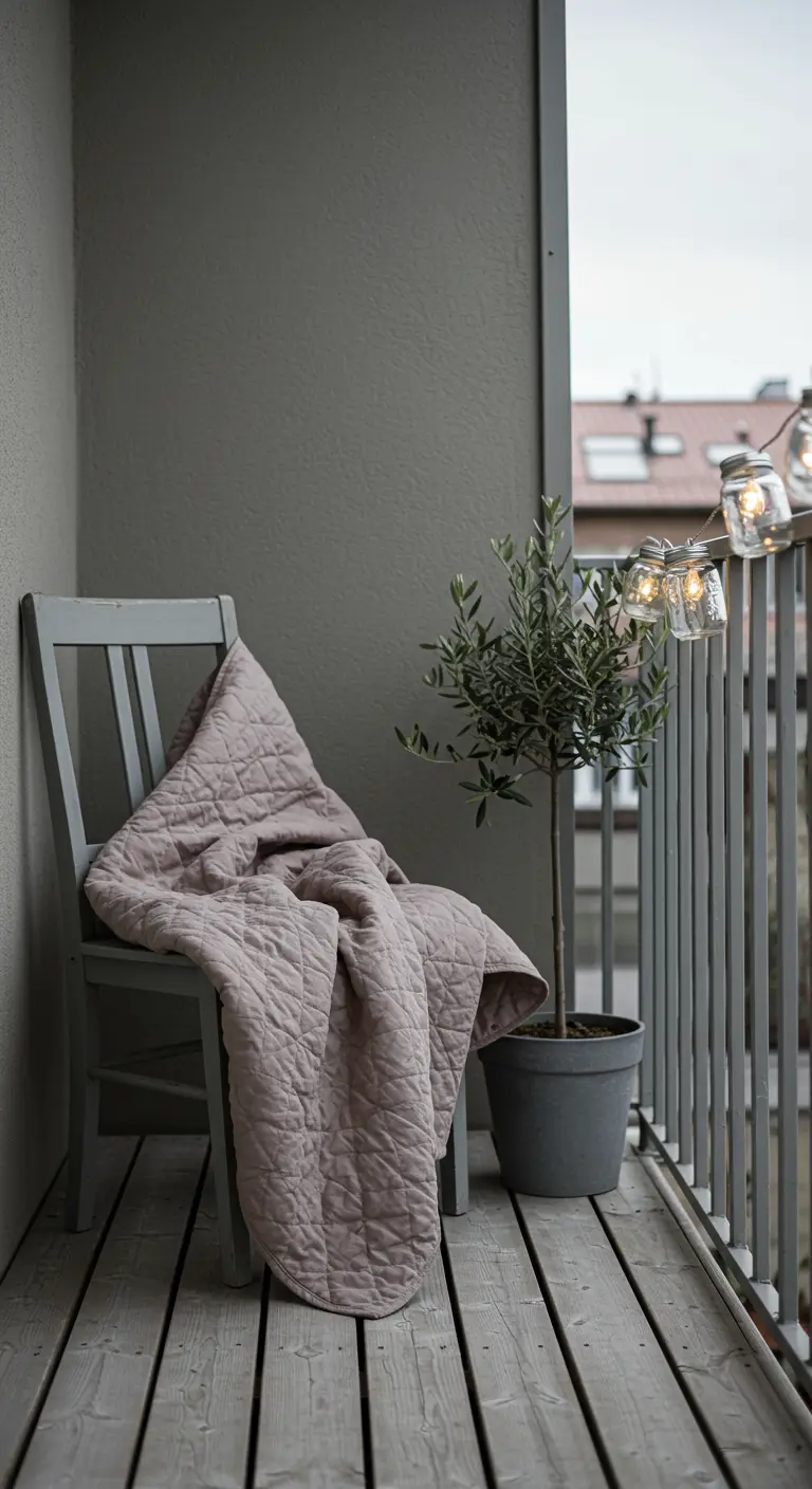 Minimalist balcony with a grey chair, a dusty pink quilt, and a potted olive tree.