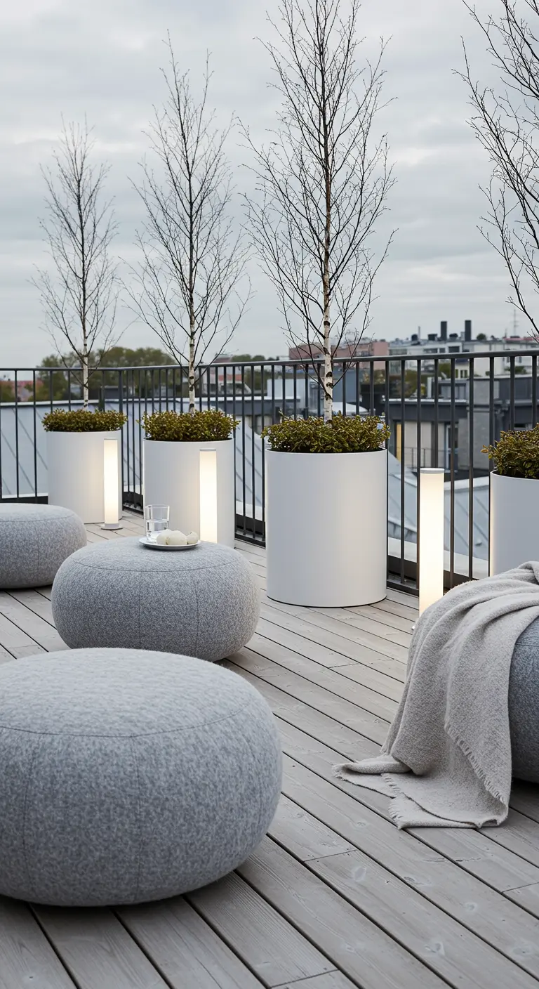 Scandinavian-style rooftop with grey wool poufs, white planters with birch trees, and a grey throw.