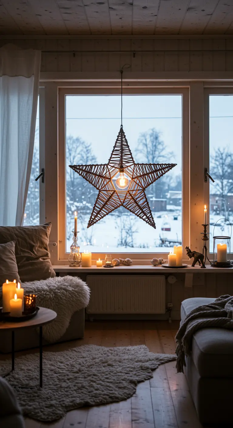 A single woven star pendant light hangs in a window in a cozy, candlelit Scandinavian-style room.