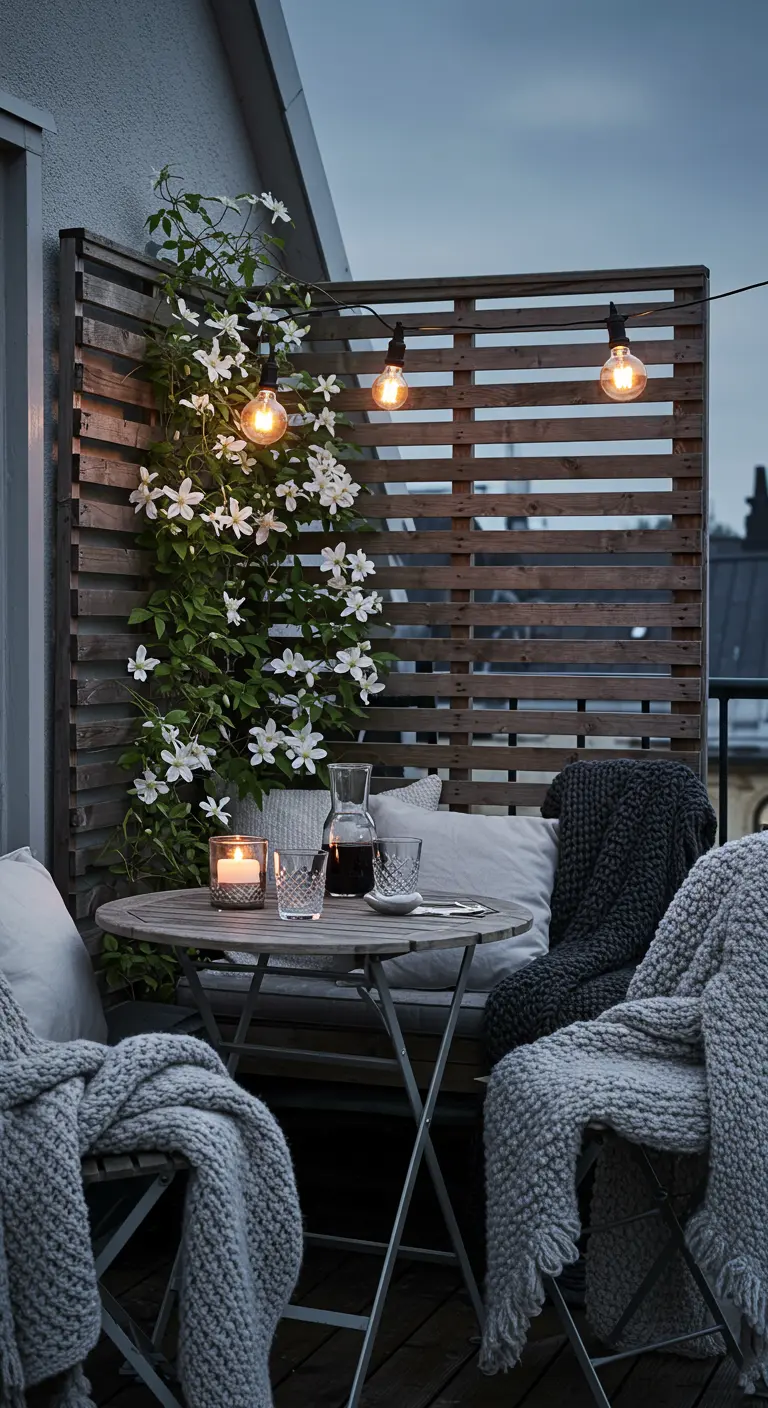 A cozy Scandinavian-style balcony with a wood screen, knit throws, and climbing clematis.