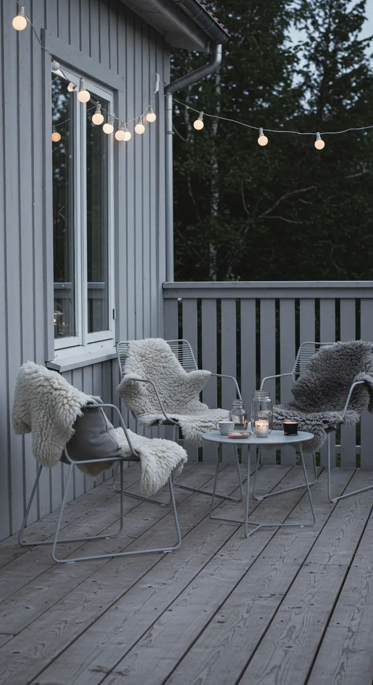 A minimalist Scandinavian deck with wireframe chairs, sheepskin throws, and a single string of lights.