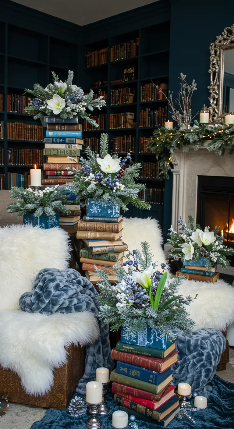 Winter library decor with faux fur, blue accents, white flowers, and candles.