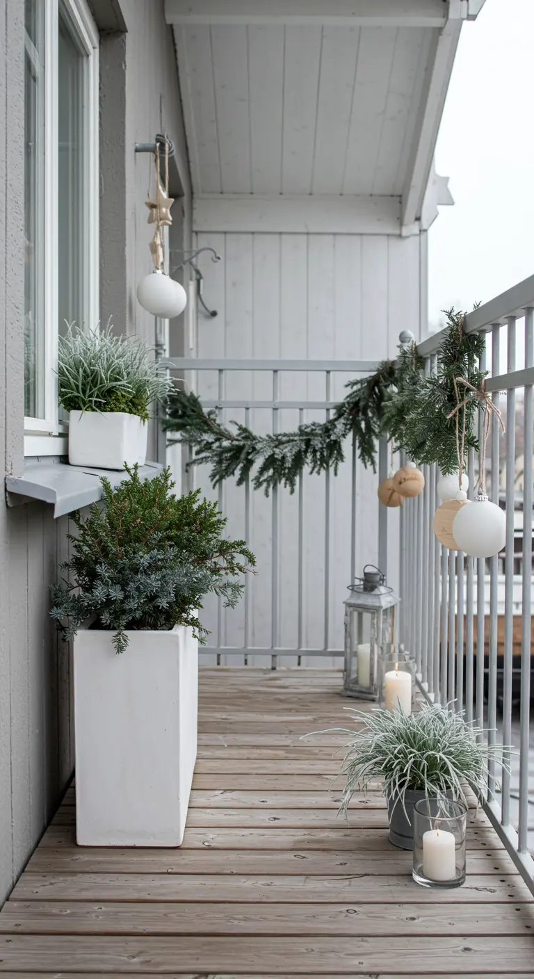 A serene Scandinavian balcony with a simple pine garland and white ceramic ornaments.