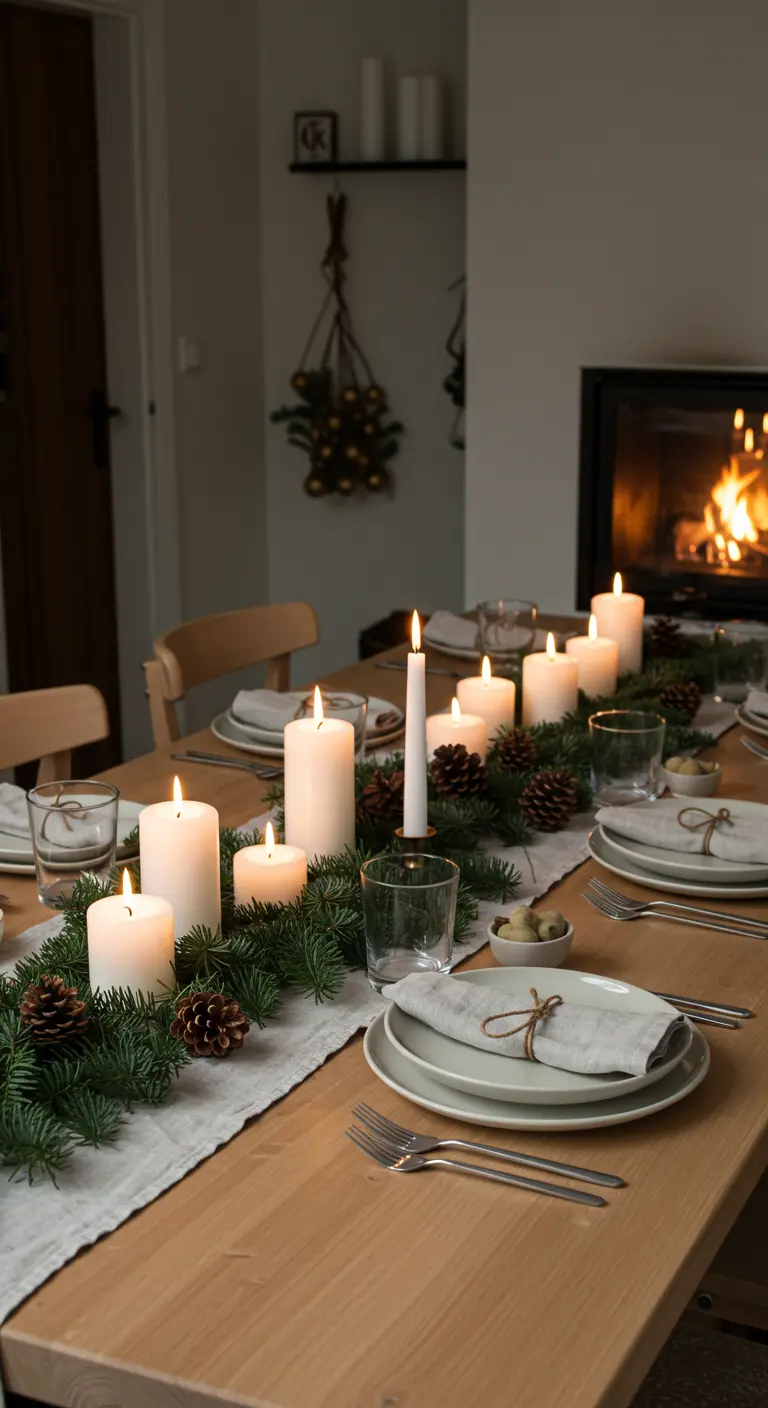 A cozy Scandinavian table with a pine bough and candle centerpiece.