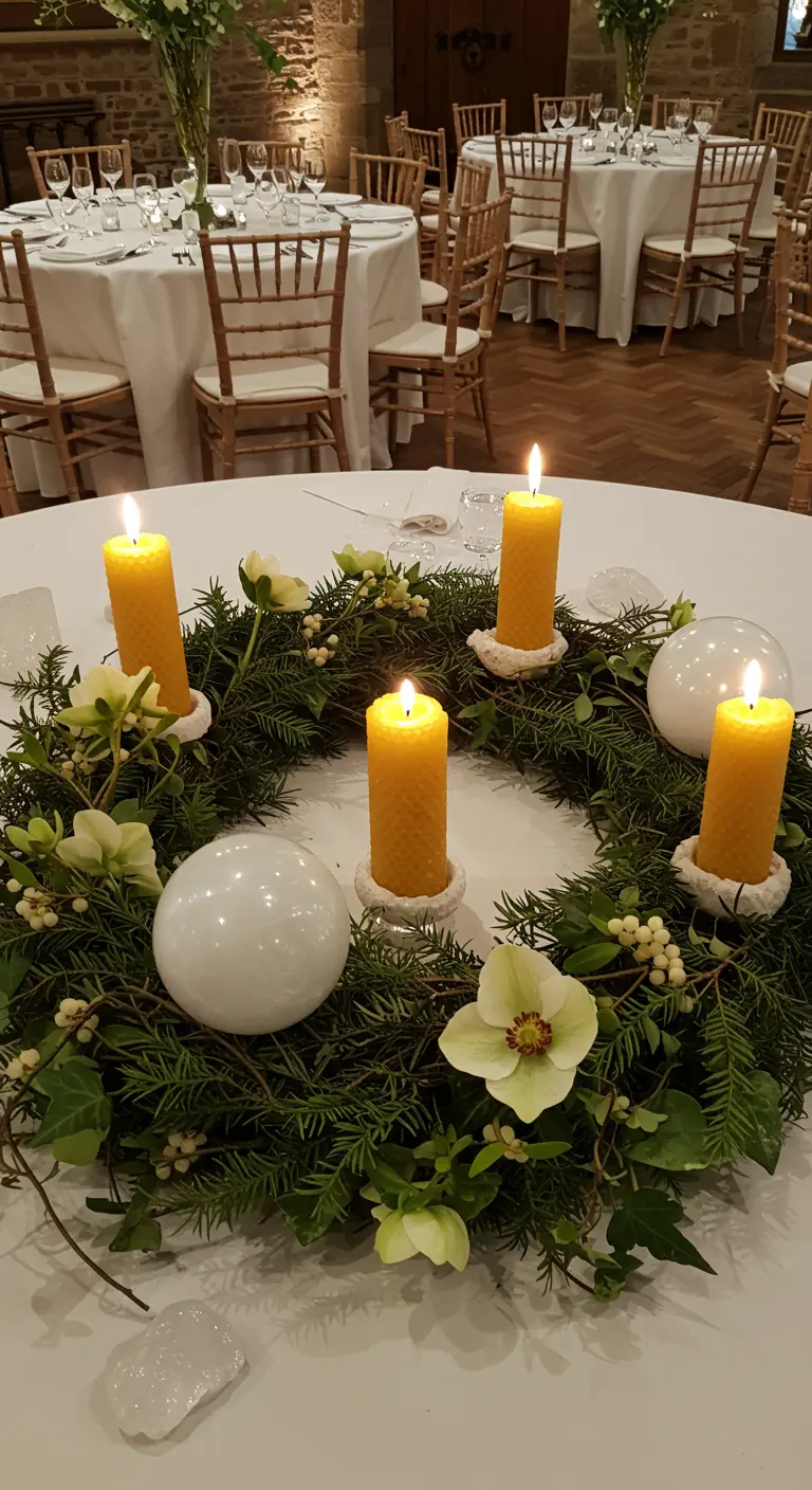 A round table centerpiece of a pine wreath with four beeswax candles and white ceramic orbs.