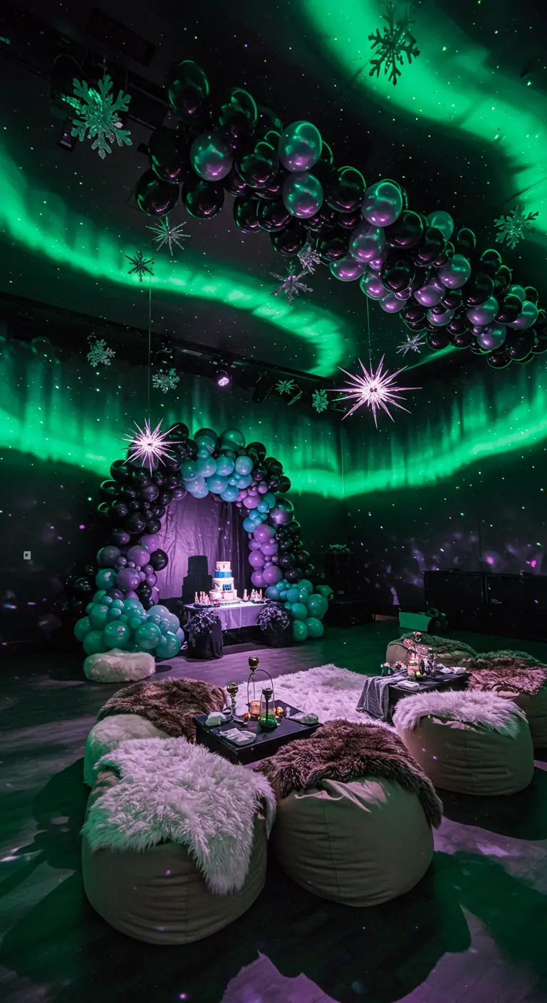 Northern Lights party with green projection lighting, beanbags with fur throws, and a balloon arch.